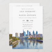 Invitation Philadelphia Skyline Watercolor All In One Wedding (Devant / Derrière)