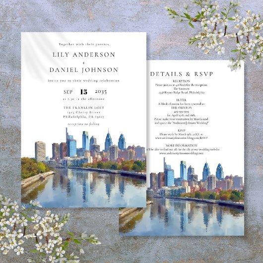 Invitation Philadelphia Skyline Watercolor All In One Wedding