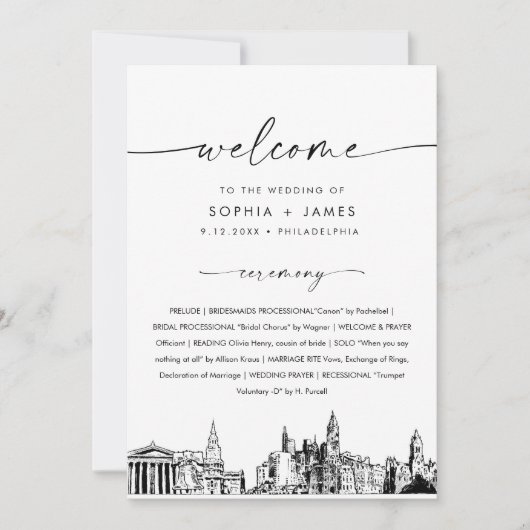 Invitation Philadelphia Skyline Wedding Program 5x7 Flat Card (Devant)