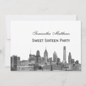 Invitation Philadelphie Black Etched Look Skyline Sweet 16 (Dos)