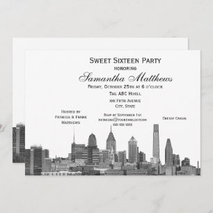 Invitation Philadelphie Black Etched Look Skyline Sweet 16