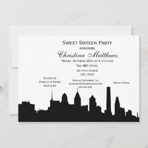 Invitation Philadelphie Black Skyline Silhouette Sweet 16