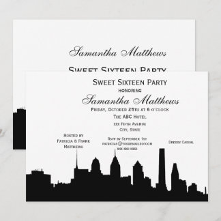 Invitation Philadelphie Black Skyline Silhouette Sweet 16