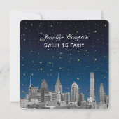 Invitation Philadelphie Skyline Etch Blue Starry Sweet 16 H (Devant)