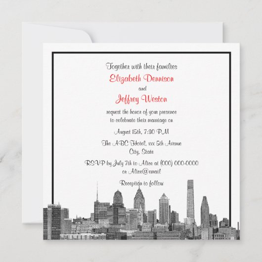 Invitation Philadelphie Skyline Etch BW Mariage rouge (Dos)