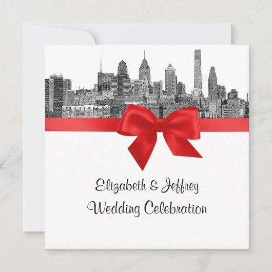 Invitation Philadelphie Skyline Etch BW Mariage rouge (Devant)