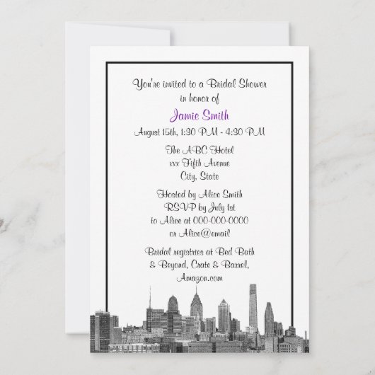 Invitation Philadelphie Skyline Etch BW Purpl V Fête des mari (Dos)