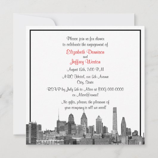 Invitation Philadelphie Skyline Etch BW Red Engagement Party (Dos)
