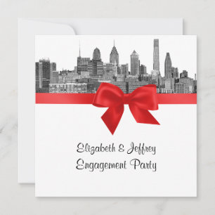 Invitation Philadelphie Skyline Etch BW Red Engagement Party