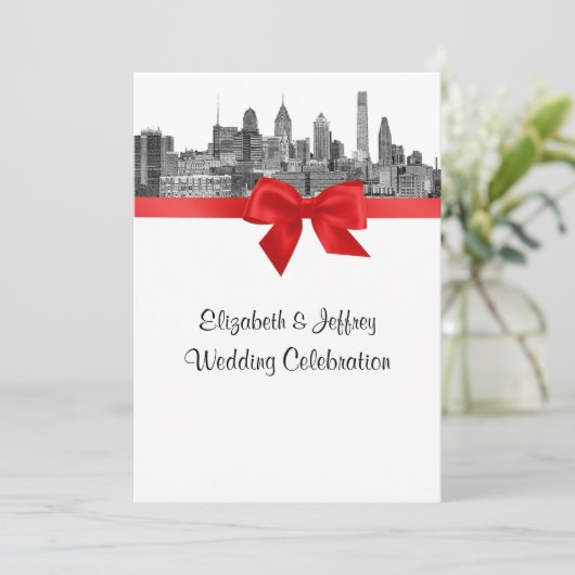 Invitation Philadelphie Skyline Etch BW Red V Mariage (Debout devant)