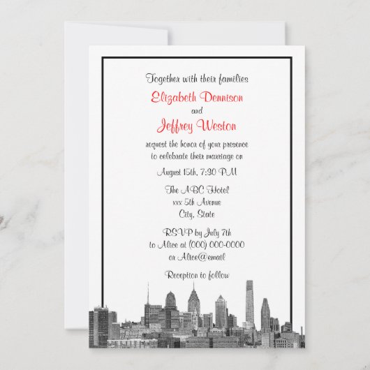 Invitation Philadelphie Skyline Etch BW Red V Mariage (Dos)