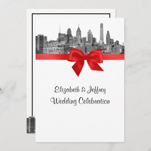 Invitation Philadelphie Skyline Etch BW Red V Mariage (Devant / Derrière)