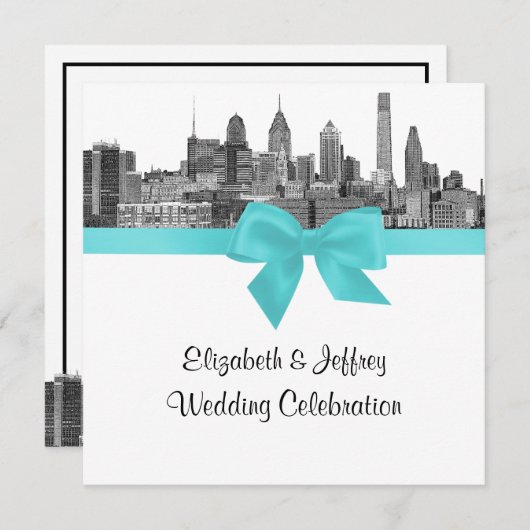 Invitation Philadelphie Skyline Etch BW Robin Egg Blu Mariage (Devant / Derrière)