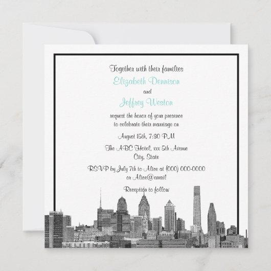 Invitation Philadelphie Skyline Etch BW Robin Egg Blu Mariage (Dos)