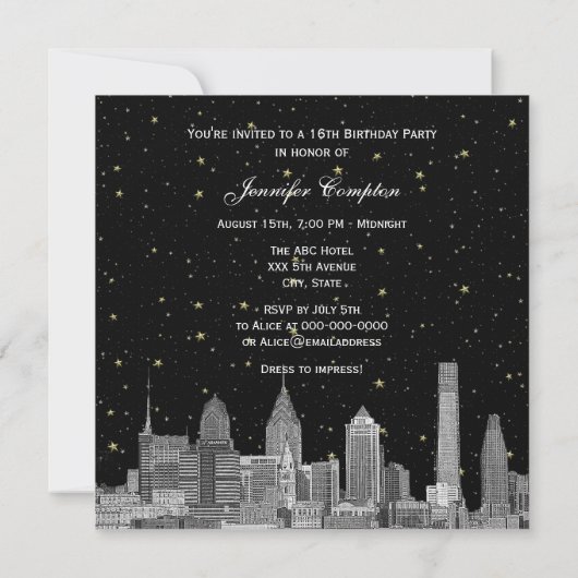 Invitation Philadelphie Skyline Etch Starry do-it-yourself SQ (Dos)