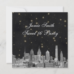 Invitation Philadelphie Skyline Noir Or Étoile Sweet 16