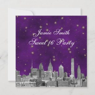 Invitation Philadelphie Skyline Purple Gold Star Sweet 16