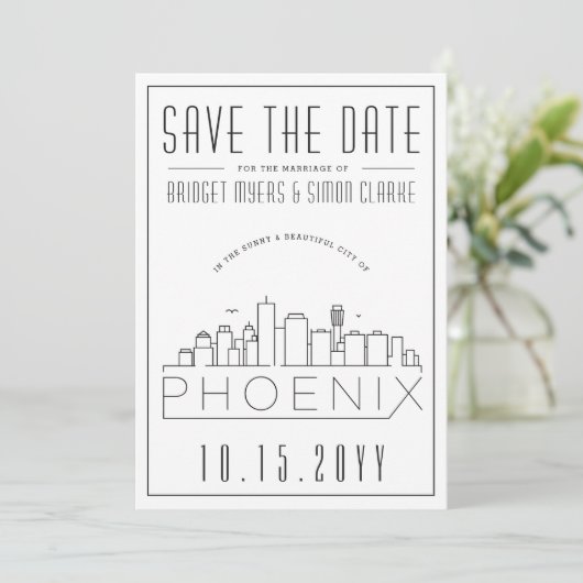 Invitation Phoenix Mariage stylisé Skyline Enregistrer la dat (Debout devant)