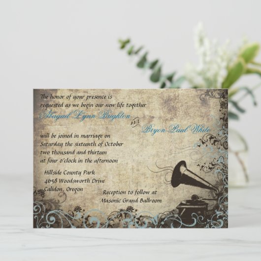 Invitation Phonographe vintage bleu clair (Debout devant)