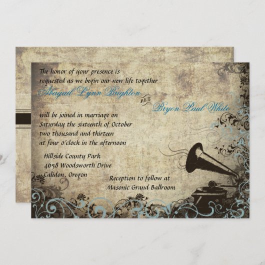 Invitation Phonographe vintage bleu clair (Devant / Derrière)