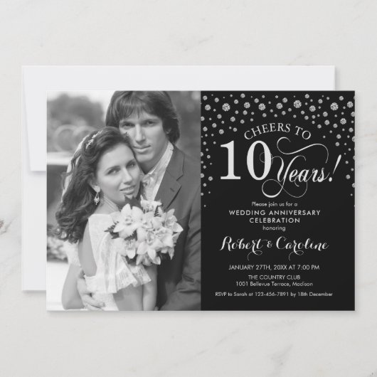 Invitation Photo 10e anniversaire de mariage - Argent Noir (Devant)
