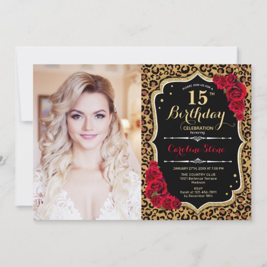 Invitation Photo 15th Birthday Party Red Gold Empreinte de lé (Devant)