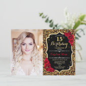 Invitation Photo 15th Birthday Party Red Gold Empreinte de lé (Debout devant)