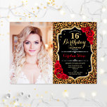 Invitation Photo 16e anniversaire de la fête Empreinte de léo<br><div class="desc">Empreinte de léopard 16ème anniversaire invitation de fête avec votre photo. Caractéristiques cheetah motif,  police de script,  roses rouges et confetti. Design noir blanc rouge élégant avec de l'or de parties scintillant faux. Idéal pour une fête élégante de l'anniversaire sweet sixteen poster de animal.</div>
