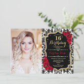 Invitation Photo 16e fête d'anniversaire Red Gold Black Damas (Debout devant)