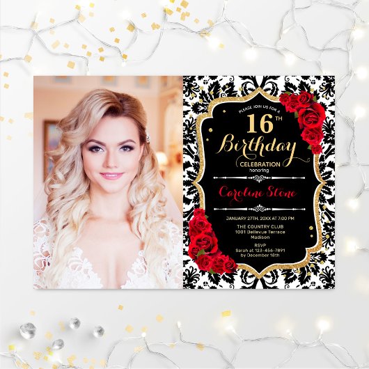 Invitation Photo 16e fête d'anniversaire Red Gold Black Damas