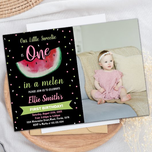 Invitation Photo 1er anniversaire de la pastèque verte noire