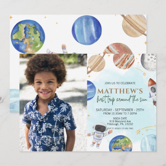 Invitation Photo 1er Anniversaire Fête Premier Voyage Autour  (Devant / Derrière)