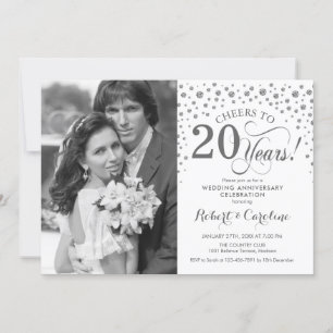Invitation Photo 20e anniversaire de mariage - Argent Blanc