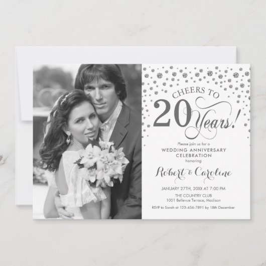 Invitation Photo 20e anniversaire du Mariage - Silver White (Devant)