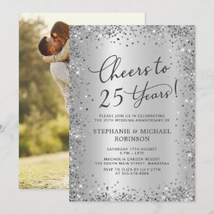 Invitation Photo 25e anniversaire de mariage Chic Argent Pail