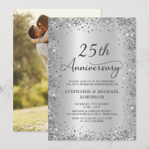 Invitation Photo 25e anniversaire de mariage Paillettes Argen
