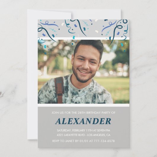 Invitation Photo 28e anniversaire l'invite Blue Confetti (Devant)