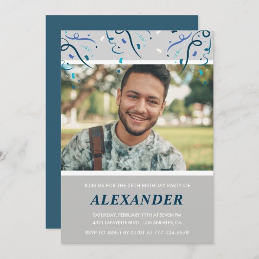 Invitation Photo 28e anniversaire l'invite Blue Confetti (Devant / Derrière)