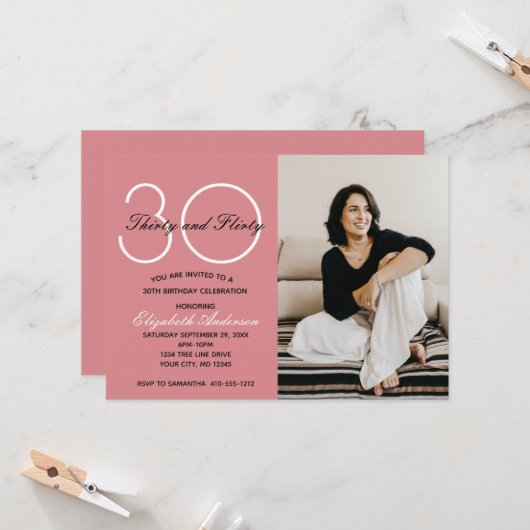 Invitation Photo 30 Trente et Flirty Rose Anniversaire (Devant/Arrière en situation)