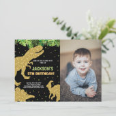 Invitation Photo 3 Parties scintillant verte Dinosaur Anniver (Debout devant)