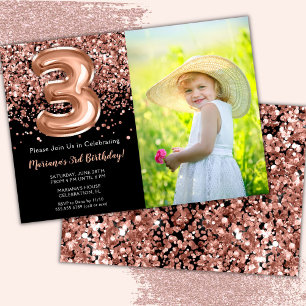 Invitation Photo 3e Anniversaire Rose Noir Paillettes Dorées