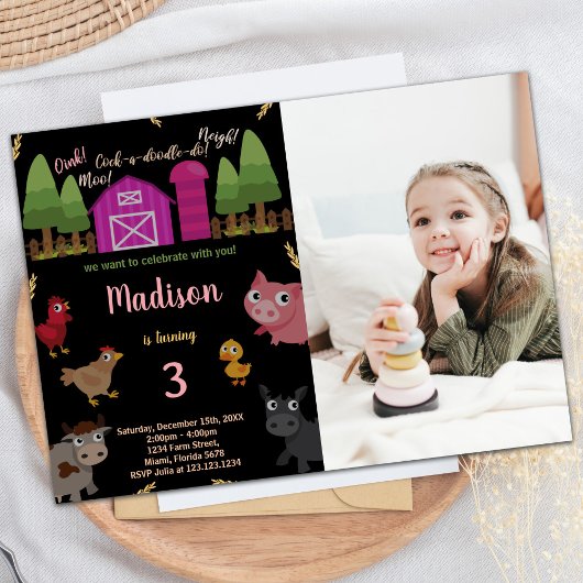 Invitation Photo 3e Black Red Farm Animaux Anniversaire