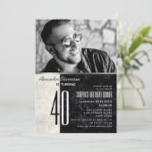 Invitation Photo 40e anniversaire, noir et Marbre blanc (Debout devant)