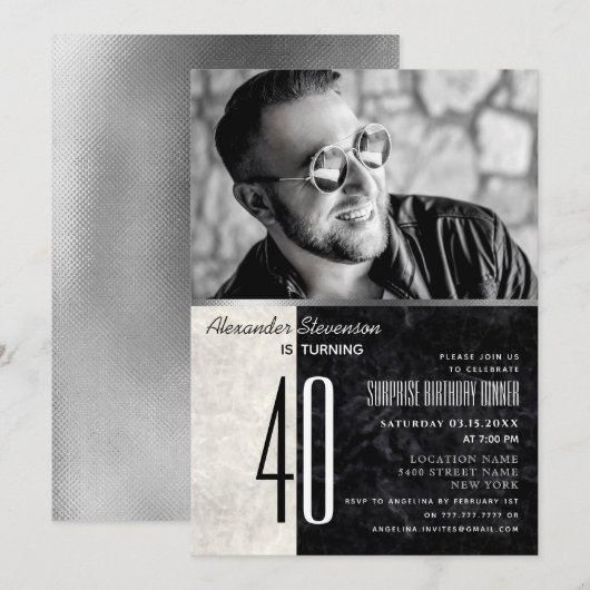 Invitation Photo 40e anniversaire, noir et Marbre blanc (Devant / Derrière)