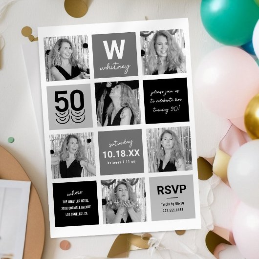Invitation photo 50 ans gris noir moderne