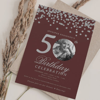 Invitation Photo 50e anniversaire Argent Confetti Bourgogne