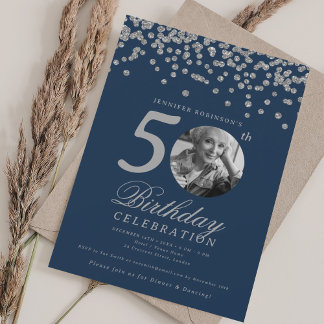 Invitation Photo 50e anniversaire Argent Confetti Marine Bleu