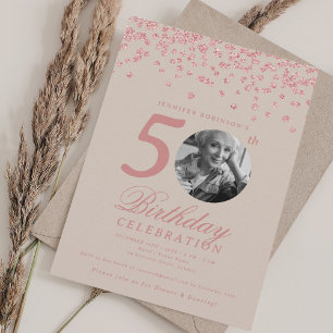 Invitation Photo 50e Anniversaire Confettis Champagne Or Rose