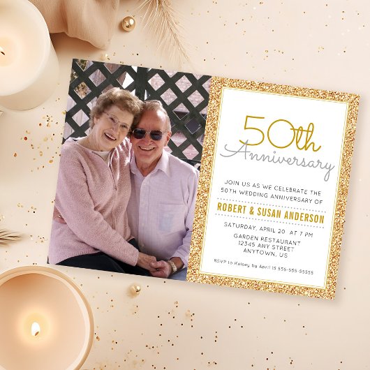 Invitation Photo 50e Anniversaire de Mariage Faux Paillettes 
