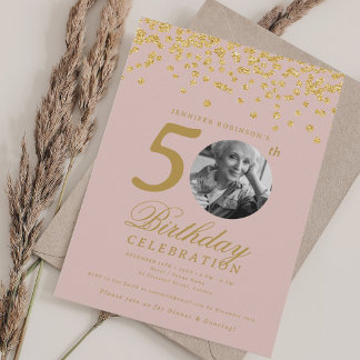 Invitation Photo 50e anniversaire Gold Confetti Blush Pink